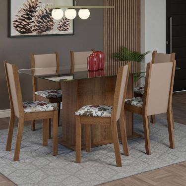 Imagem de Conjunto Sala de Jantar Mesa Tampo de Vidro 6 Cadeiras Rustic/Crema/Floral Hibiscos Yol...