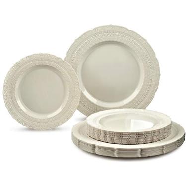 Imagem de "OCASIÕES" Pacote com 50 pratos (25 convidados) - Pratos de plástico descartáveis e reutilizáveis para casamento vintage extrapesados - 63,5 x 28,3 cm de jantar + 63,5 cm de salada/sobremesa (coleção Chateau Marfim)