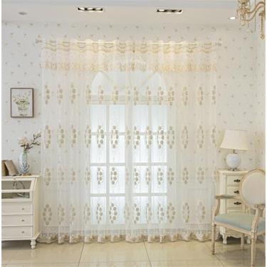 Imagem de NewWPKIRA Cortina blecaute de camada dupla europeia de luxo princesa bordado floral cortina transparente mais cortina de cor sólida mais saia de renda ilhó superior 1 painel (transparente, L 190 x C 246 cm)