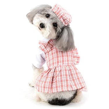 Imagem de Ranphy Roupas para animais de estimação de treliça, vestido para cães pequenos, combinando com chapéu, filhote, gato, princesa, vestido de verão, camisa branca, manga canina, vestuário saia para