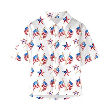Imagem de Camisetas para meninos grandes manga Botton Independence Day 4 de julho estampas infantis camisetas masculinas cargo, Branco, 13-14 Anos