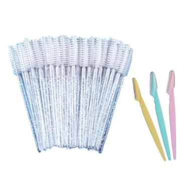 Imagem de Kit 50 Escovinhas com Glitter Extensão de Cílios e Sobrancelha + Navalhas para Aparar Sobrancelha Axila Corpo Removedor de pelos Navalha Dermaplaning Kit 03 Navalhas
