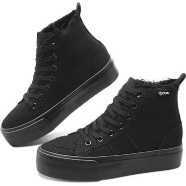 Imagem de Obtaom Tênis de cano alto plataforma feminino cano médio para brincar de lona, plataforma lavada, skate, tênis casual de lona, Preto monocromático, 41