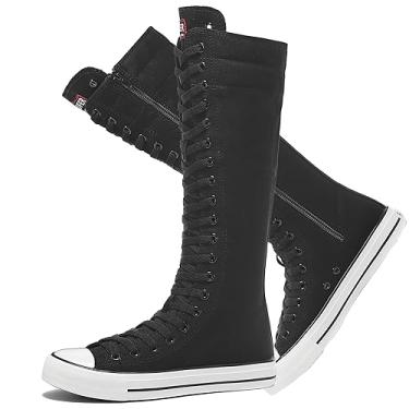 Imagem de rismart Tênis feminino de lona cano alto comprimento até o joelho cadarço punk dança tênis, Preto, 39
