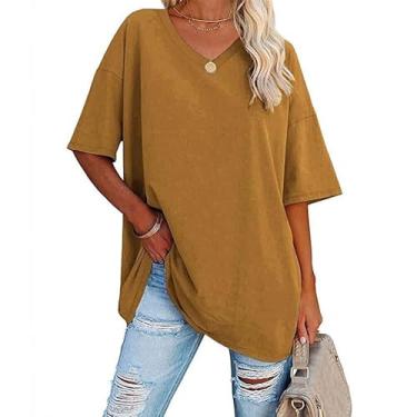 Imagem de Camiseta feminina grande de verão casual manga curta básica plus size túnica Y2K Boyfriend camiseta treino, V - amarelo terra, P