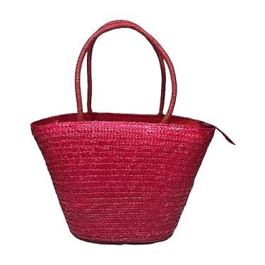Imagem de Bolsa Feminina de Palha Rosa Praia Viajar Moda Sacola Bag Rattan Vime Blogueira