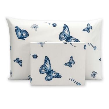 Imagem de Jogo De Cama Lençol Solteiro Kit 2 Peças C/Elástico 180 Fios Percal Estampado (Borboleta Azul)