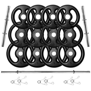 Imagem de Kit Anilhas Ferro Fundido 40 Kg + Barras Com Presilhas