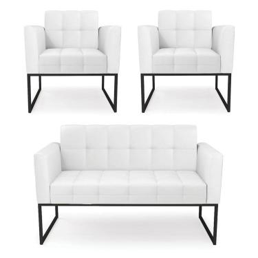 Imagem de Kit 1 Sofá Namoradeira E 2 Poltronas Elisa Corino Base Metálica Industrial Preto - D`rossi Cor Branco