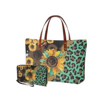 Imagem de Salabomia Bolsa feminina com carteira combinando, bolsa de ombro grande com alça superior e carteira clutch de poliuretano.., Estampa de leopardo, girassol - verde, One Size