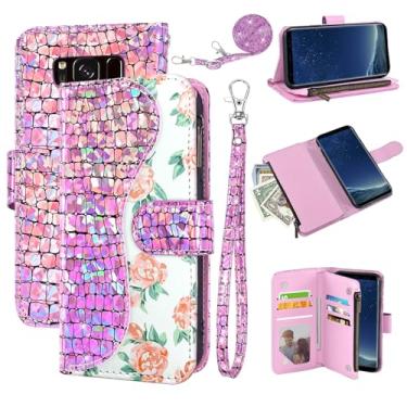 Imagem de Dibosom Capa carteira floral para Samsung Galaxy S8 Plus com alça de pulso alça de ombro flip zíper bolsa porta-cartão, suporte brilhante para celular S8plus S 8 8plus 8S Edge S8+ SM-G955U rosa