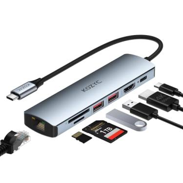 Imagem de Adaptador multiportas USB C Hub Ethernet, hub KOZYC 7 em 1 USB C com HDMI 4K a 60Hz, Ethernet de 1 Gbps, 100W PD, 2 dados USB 3.2 Gen2 de 10 Gbps, porta com compartimentos para cartão SD/TF,