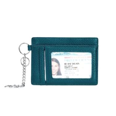 Imagem de Carteira feminina de couro legítimo, minimalista, com bolso frontal, porta-cartões de crédito, bloqueio de RFID, com janela para identidade, chaveiro, 04. Azul-marinho, 4.33 in x 3.15 in x 0.1 in,