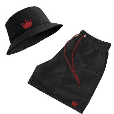 Imagem de Short Praia + Chapeu Bucket Hat Masculino Preto Com Cordao Vermelho - 