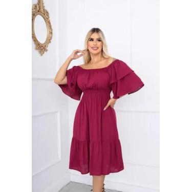 Imagem de Vestido Ciganinha Midi Moda Evangélica Lastex Com Elástico - BORDO - C