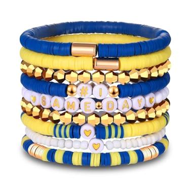 Imagem de VOGUEKNOCK Pacote com 9 pulseiras femininas empilháveis Heishi com contas elásticas para fãs de futebol americano, esportes, jogos, equipes, joias, acessórios, presentes, one size, Vinil, Sem Pedra