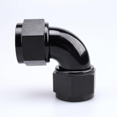 Imagem de Alumínio 90 graus -16 AN fêmea para 16 AN fêmea uma peça de mangueira de fluxo completo acoplamento 1-5/16-12 JIC 16 conector de tubo giratório duplo, preto