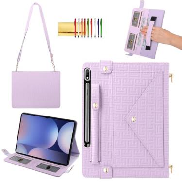 Imagem de Capa de mão para Samsung Galaxy Tab S10+/S9 FE+/S9+Plus de 12,5 polegadas, capa carteira transversal elegante com suporte para lápis, compartimentos para cartões, alça de mão, alça de ombro, lavanda