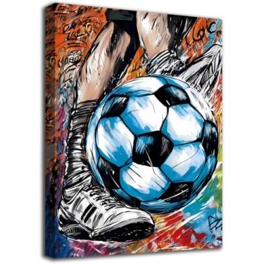 Imagem de Impressões de arte de parede de futebol, pôster de arte de futebol graffit colorido, pôster de arte de futebol, quarto de meninos decoração de sala de estar (30 x 40 cm, emoldurado)