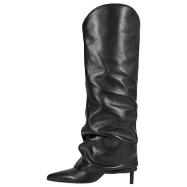 Imagem de Wnshonzy Botas de cano alto dobradas acima do joelho para mulheres, bico fino, bico fino, botas de salto alto, botas longas de outono, moda casual, elegante, Couro preto, 36