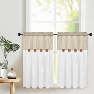 Imagem de FRAMICS Cortinas de cozinha Boho 91 cm de comprimento, cortinas de linho de algodão de fazenda, cortina curta de botão rústico para janelas, cortina de janela pequena com bolso para varão, café