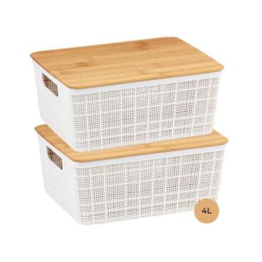 Imagem de Kit 2 Caixas 4 L Multiuso Organizadora Tampa De Bambu Oikos, Branco