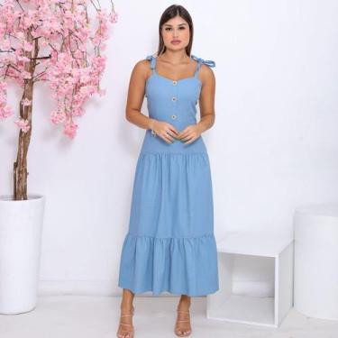 Imagem de Vestido Feminino Linho com Botões e Alça com Amarração Tendência Casua