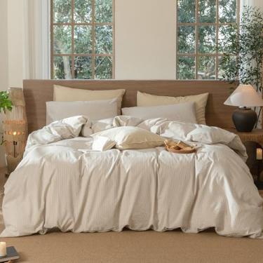 Imagem de MooMee Conjunto de capa de edredom listrado 100% algodão lavado como linho texturizado respirável durável macio confortável (riscas brancas de linho cinzento, tamanho grande 250 x 248 cm)