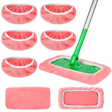 Imagem de AmaVins Pacote com 5 almofadas de esfregão reutilizáveis 100% algodão compatíveis com esfregão Swiffer, capa de esfregão plana úmida e seca, almofadas laváveis para limpeza de piso de superfície