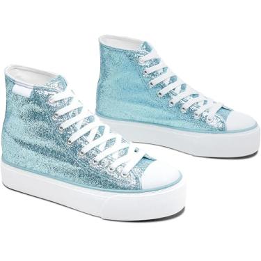 Imagem de ALTOCIS Tênis moderno com plataforma com glitter, tênis feminino brilhante, cano alto, plataforma confortável, Glitter ciano, 36