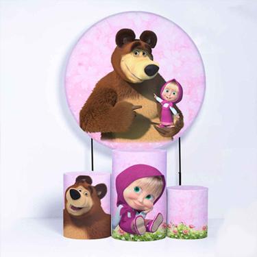 Imagem de Kit Painel de Festa Redondo de 1,80m e Trio de Cilindros Menina e o Urso - Fera Print