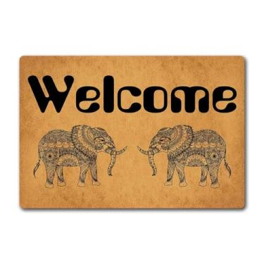 Imagem de WINZNOF Capacho engraçado de boas-vindas com traseira de borracha 60 cm (C) x 40 cm (L) Tapete de entrada de borracha antiderrapante Welcome Elephant Boho Tapete decorativo para decoração de casa