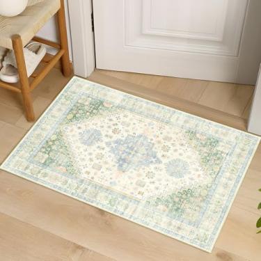 Imagem de MUJOO Tapete pequeno, 5,5 x 7,5 cm, lavável, para banheiro, entrada, entrada, quarto, interior, tapete antiderrapante, tapete de pelo baixo, boêmio, verde claro e azul