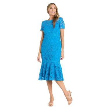 Imagem de R&M Richards Elegante vestido de crochê na altura do chá com bainha e decote ilusão, Turquesa, 46