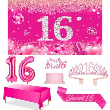 Imagem de Peconal Decorações De Aniversário 16 Anos Para Meninas, Faixa Rosa Choque, Balão Com Números, Topo Bolo, Toalha Mesa, E Coroa, Materiais Festa