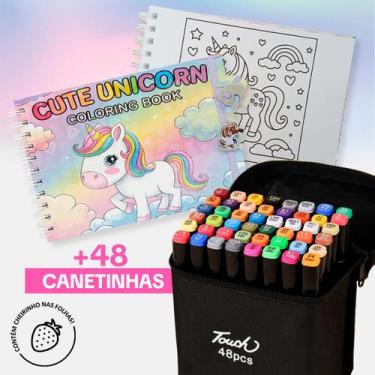 Imagem de Kit Pintura Unicórnios Fofos E Canetinhas Touch Coloridas Ponta Dupla 
