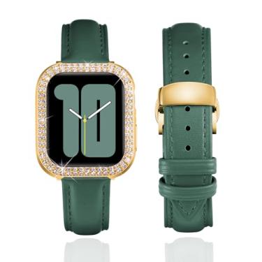 Imagem de BINLUN Pulseira de couro feminina de couro compatível com Apple Watch séries 10/9/8/7/SE2/SE/6/5/40 mm de 46 mm, 45 mm, 44 mm, 42 mm, 41 mm e 40 mm (42 mm, verde-dourado)