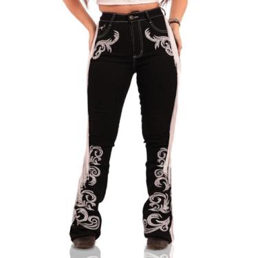 Imagem de Calça Jeans Preta Feminino Bordada Miss Western Franjas Brancas Moda C