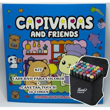 Imagem de Conjunto 36 Canetas Marcador Permanente Touch com Ponta Dupla para Desenho Profissional e Escolar + Livro de Colorir Capivaras – Canetinhas Hidrográficas com Estojo (Azul)