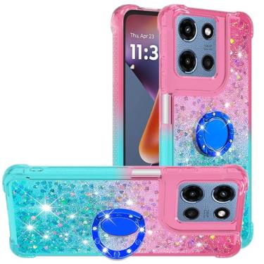 Imagem de Monwutong Capa Slim Fit para Moto G Stylus 5G 2025, brilhante efeito areia movediça TPU bumper anel magnético, quatro cantos, capa de proteção antiqueda pesada para Moto G Stylus 5G 2025, rosa azul