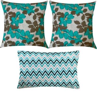 Imagem de Kit 3 Almofadas Composê Hibisco e Chevron Verde Água Impermeável - Sua