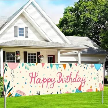 Imagem de BlissYard Happy Birthday Banner Birthday Party Banner with Balloons Garland Cake and Confetti for Wall Door Yard Indoor Outdoor Decor 78.7x17.7 Inch Birthday Celebration Sign