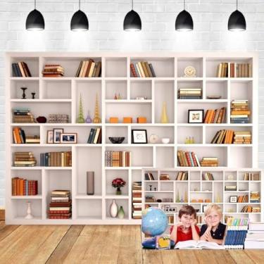 Imagem de Leyiyi Estante moderna de 2,1 x 1,5 m, moderno, simplicidade, branco, estante de livros, biblioteca, livros, vaso, sala de estar, escritório, videoconferência, pano de fundo, adereços de estúdio