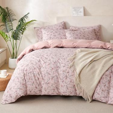 Imagem de TISPLR Conjunto de edredom floral, 3 peças, tecido de gaze enrugado, macio, chique, estilo jardim, estampa de flores rosa, botânico, para todas as estações, luxuoso, quente, confortável, respirável