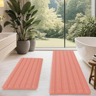 Imagem de ACCUMTEK Conjunto de tapete de banheiro listrado coral 2 peças 81,3 x 50,8 cm + 152,4 cm x 50,8 cm ultramacio, tapetes de banho de chenille antiderrapantes, tapetes de banho felpudos absorventes para