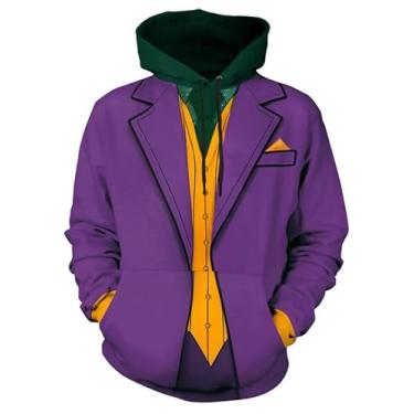 Imagem de Arvilhill Moletom masculino de coringa de filme novidade fantasia de Halloween moletom com capuz manga comprida roxo colorido pulôver com bolso M