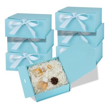 Imagem de OEMVALATY Pacote com 6 caixas de presente, caixa de presente de 24 x 15 x 7 cm com tampa magnética e fita, caixa de presente de dama de honra para casamento, armazenamento, presente (azul)