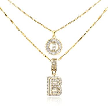 Imagem de MINDEKA Pacote com 2 colares femininos com inicial de zircônia cúbica banhada a ouro 14K, joias delicadas com inicial inicial para mulheres, colar com pingente de alfabeto A-Z personalizado, 18"+2