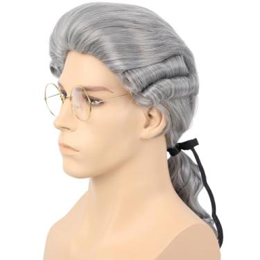Imagem de Bettecos Peruca masculina judge colonial com óculos longa cinza em pó ondulado peruca Washington fantasia cosplay perucas de festa de Halloween (cinza)