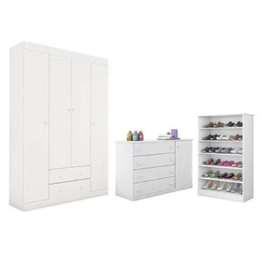 Imagem de Jogo de Quarto Cômoda Sapateira Old Clean + Roupeiro MDF + Sapateira B